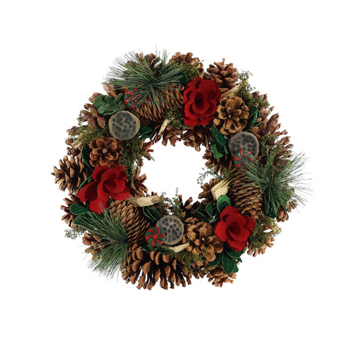 Natural Cones, Lotus & Red Flower Wreath (30cm)