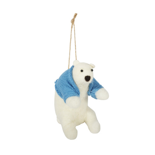 Felt Polar Bear in Blue Jacket Hanging Decoration (14cm)