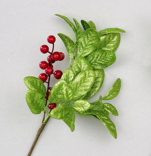 Green Glittered Leaf & Berry Spray Pick (34cm)