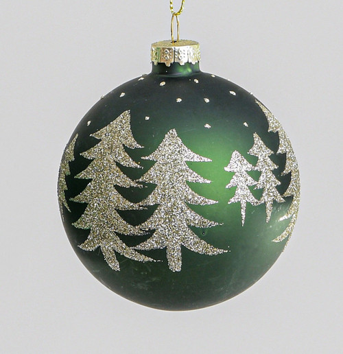 Green Bauble with Glittery Christmas Trees (8cm)