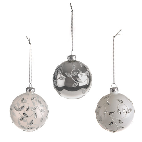 Silver/White Glitter Leaf Bauble (Assorted) 
