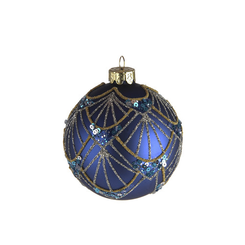 Blue Glass Bauble with Peacock Design (8cm)