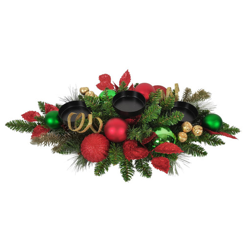 Red, Green & Gold Mixed Foliage & Bauble Centrepiece (71cm)