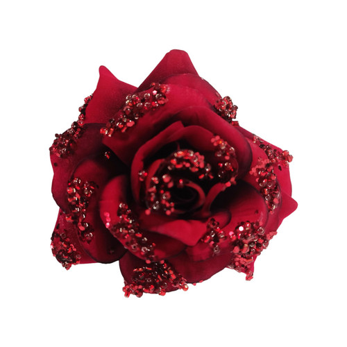 Red Beaded Festive Rose Clip (10cm)