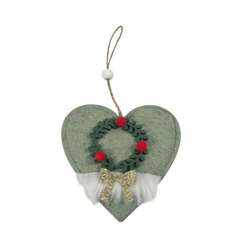 Sage Green Felt Heart Hanger with Wreath Motif (12cm)
