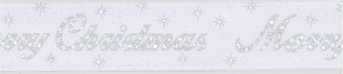 White & Silver Merry Christmas Repeating Script Ribbon (63mm x 9.1m)