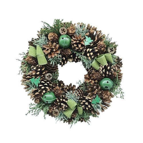 Green Christmas Wreath with Bows, Bells & Tree Decorations (30cm)