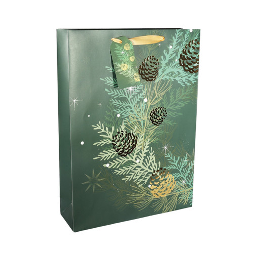 Green & Gold Extra Large Christmas Foliage & Pine Cones Gift Bag (45.5cm)
