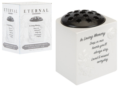 White Memorial Glazed Grave Flower Pot (14cm)
