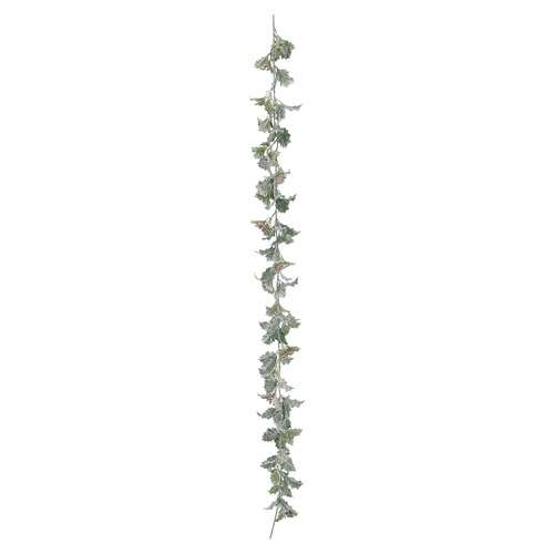 Green Frosted Holly Leaf Garland with Red Berries (177cm)