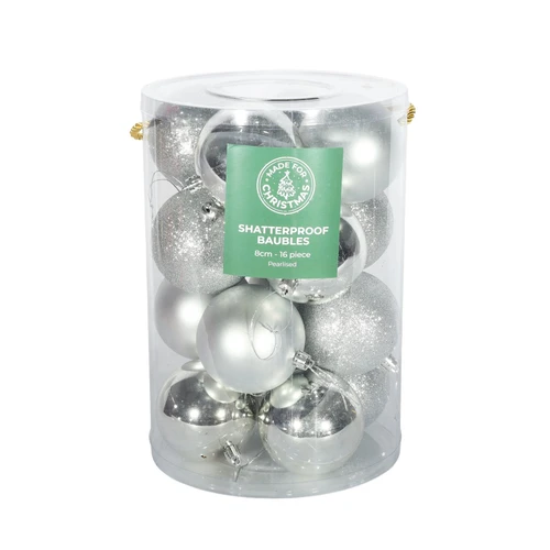 16 Silver Shatterproof Baubles (8cm)