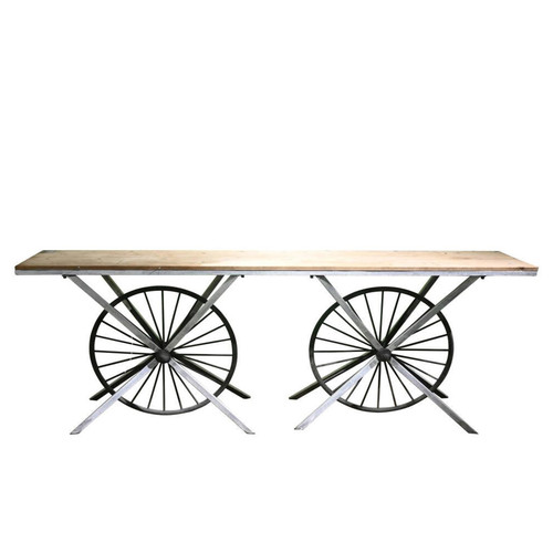 Wooden Table with Cart Wheels (240cm x 92cm H)
