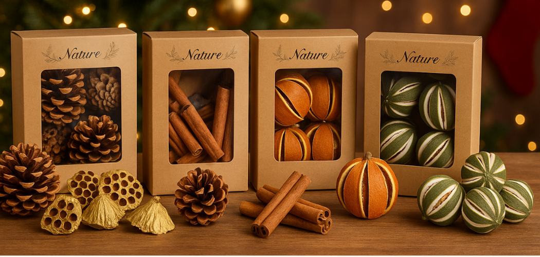 Dried fruit, pine cones, cinnamon 