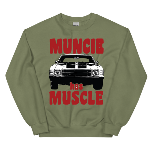 A mockup of the Muncie Has Muscle Chevelle Crewneck