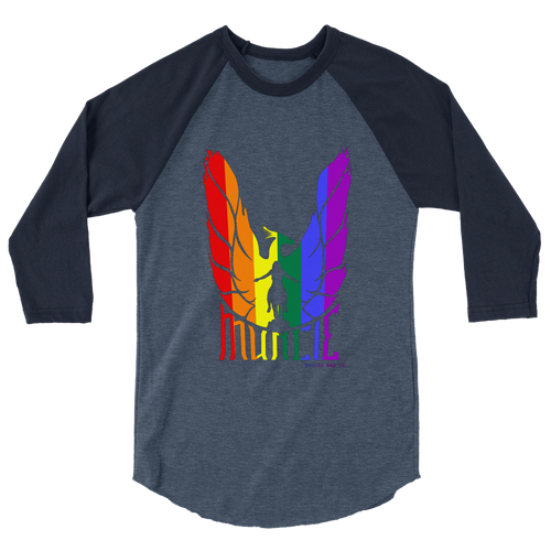 A mockup of the Phoenix Rising Pride Muncie Raglan 3/4 Sleeve