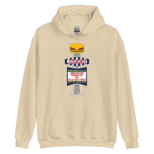 A mockup of the John's Awful Awful Drive-In Hoodie