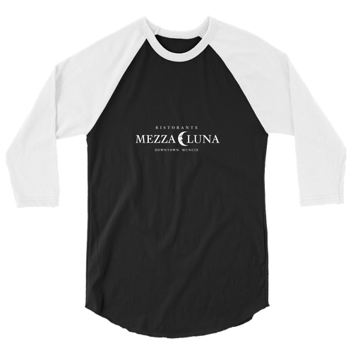 A mockup of the Mezza Luna Restaurant Raglan 3/4 Sleeve
