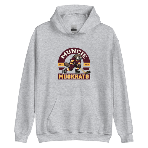 A mockup of the Muskrats Fictional Hockey Team Muncie Hoodie