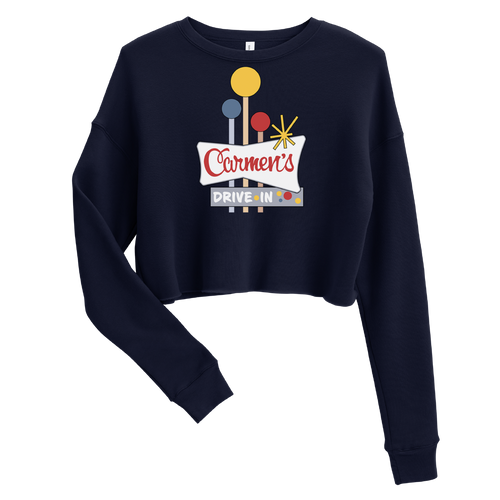 A mockup of the Carmen's Drive-In Ladies Cropped Crewneck