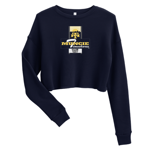 A mockup of the Muncie Timeshares Jerry Gergich Ladies Cropped Crewneck