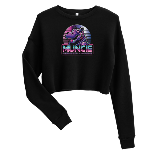 A mockup of the Purple Hippo Robot Muncie City of the Future Ladies Cropped Crewneck