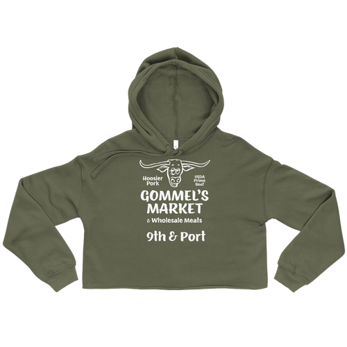 A mockup of the Gommel's Market Ladies Cropped Hoodie