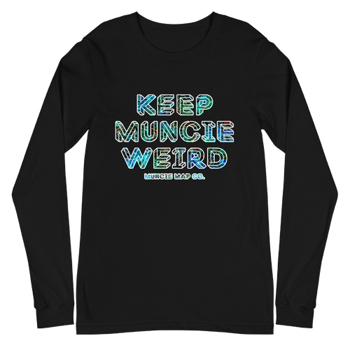 A mockup of the Keep Muncie Weird Murals Frost Long Sleeve Tee