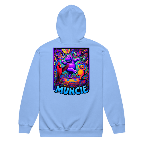 A mockup of the Trippy Muncie Blacklight Poster Zipping Hoodie