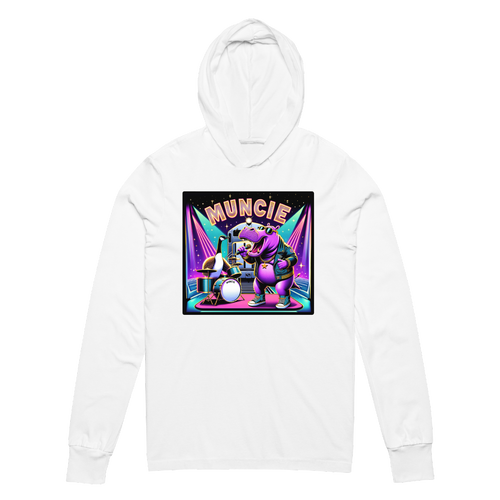 A mockup of the 1980s Rock Band Muncie Hooded Tee