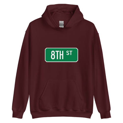 A mockup of the 8th St Street Sign Muncie Hoodie