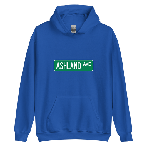 A mockup of the Ashland Ave Street Sign Muncie Hoodie