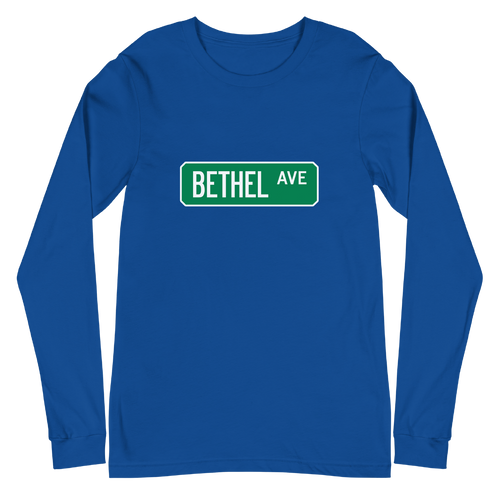 A mockup of the Bethel Ave Street Sign Muncie Long Sleeve Tee