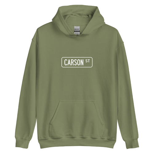 A mockup of the Carson St Street Sign Muncie Hoodie