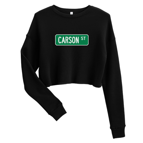 A mockup of the Carson St Street Sign Muncie Ladies Cropped Crewneck