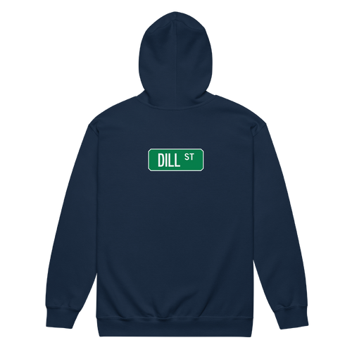 A mockup of the Dill St Street Sign Muncie Zipping Hoodie