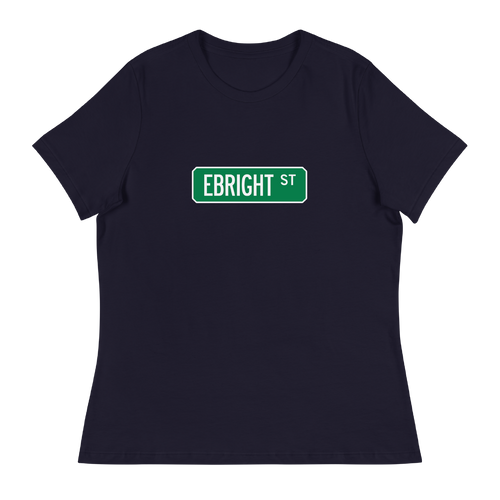 A mockup of the Ebright St Street Sign Muncie Ladies Tee