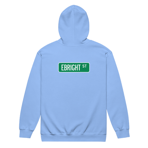 A mockup of the Ebright St Street Sign Muncie Zipping Hoodie