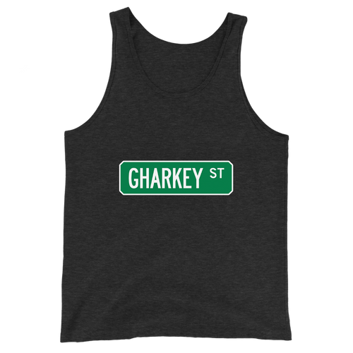 A mockup of the Gharkey St Street Sign Muncie Tank Top