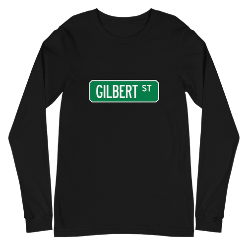 A mockup of the Gilbert St Street Sign Muncie Long Sleeve Tee