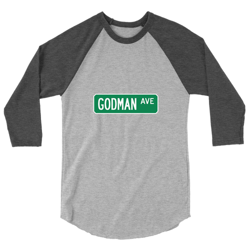 A mockup of the Godman Ave Street Sign Muncie Raglan 3/4 Sleeve