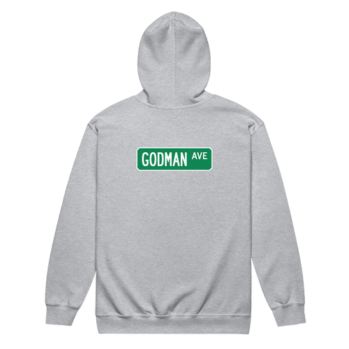 A mockup of the Godman Ave Street Sign Muncie Zipping Hoodie