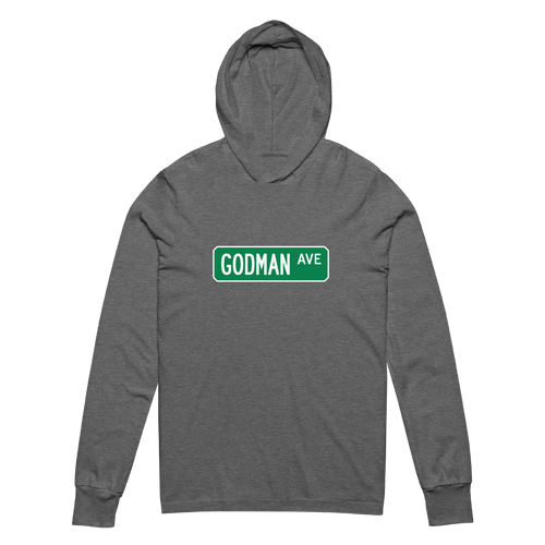 A mockup of the Godman Ave Street Sign Muncie Hooded Tee