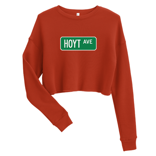A mockup of the Hoyt Ave Street Sign Muncie Ladies Cropped Crewneck