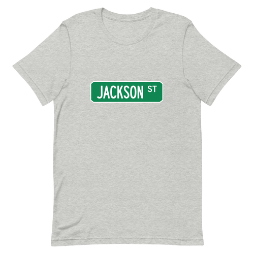 A mockup of the Jackson St Street Sign Muncie T-Shirt