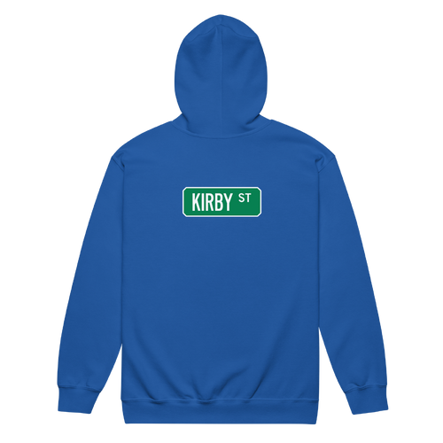 A mockup of the Kirby St Street Sign Muncie Zipping Hoodie