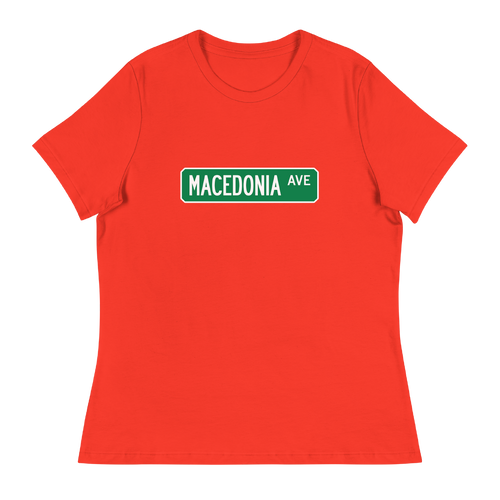A mockup of the Macedonia Ave Street Sign Muncie Ladies Tee