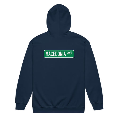 A mockup of the Macedonia Ave Street Sign Muncie Zipping Hoodie