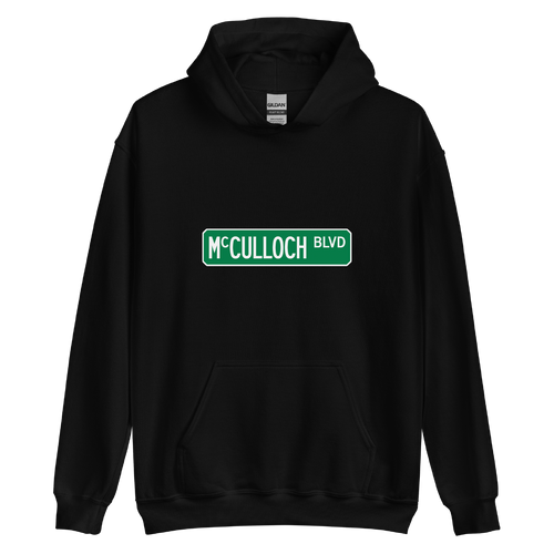 A mockup of the McCulloch Blvd Street Sign Muncie Hoodie
