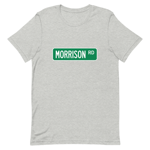 A mockup of the Morrison Rd Street Sign Muncie T-Shirt