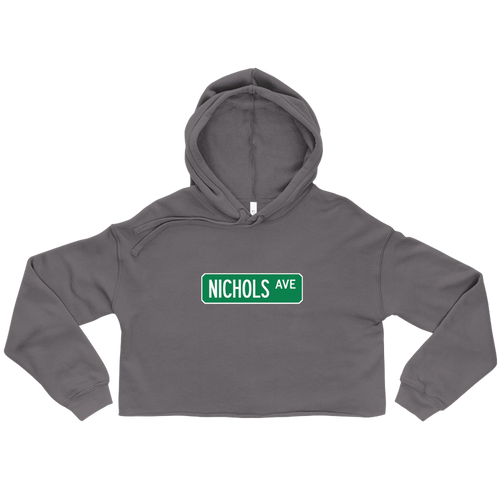 A mockup of the Nichols Ave Street Sign Muncie Ladies Cropped Hoodie